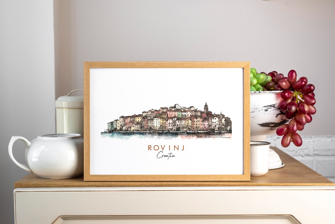 Rovinj Croatia Colorful Seaside Old Town Ink Watercolor Poster - Image 3