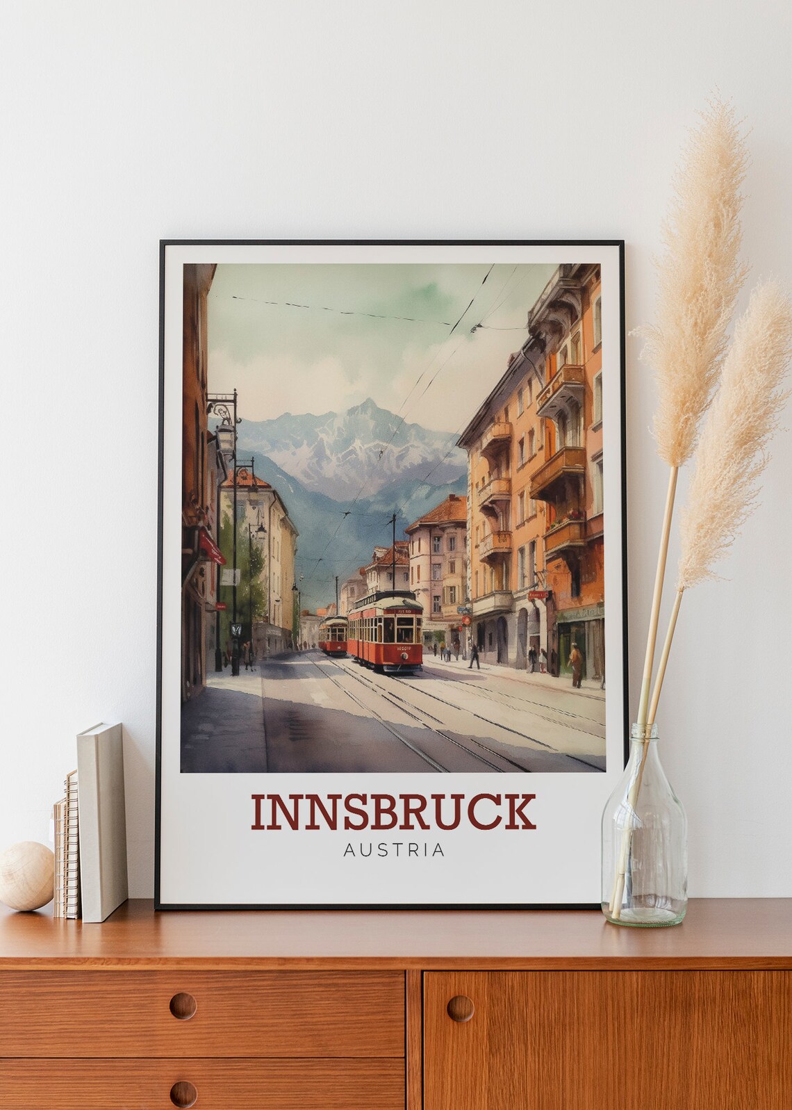 Innsbruck Austria Mountain Tram Street Watercolor Travel Poster
