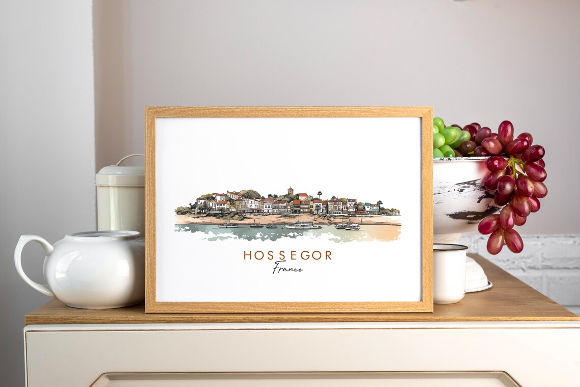 Hossegor France Coastal Harbor Town Boats Watercolor Art Poster - Image 3