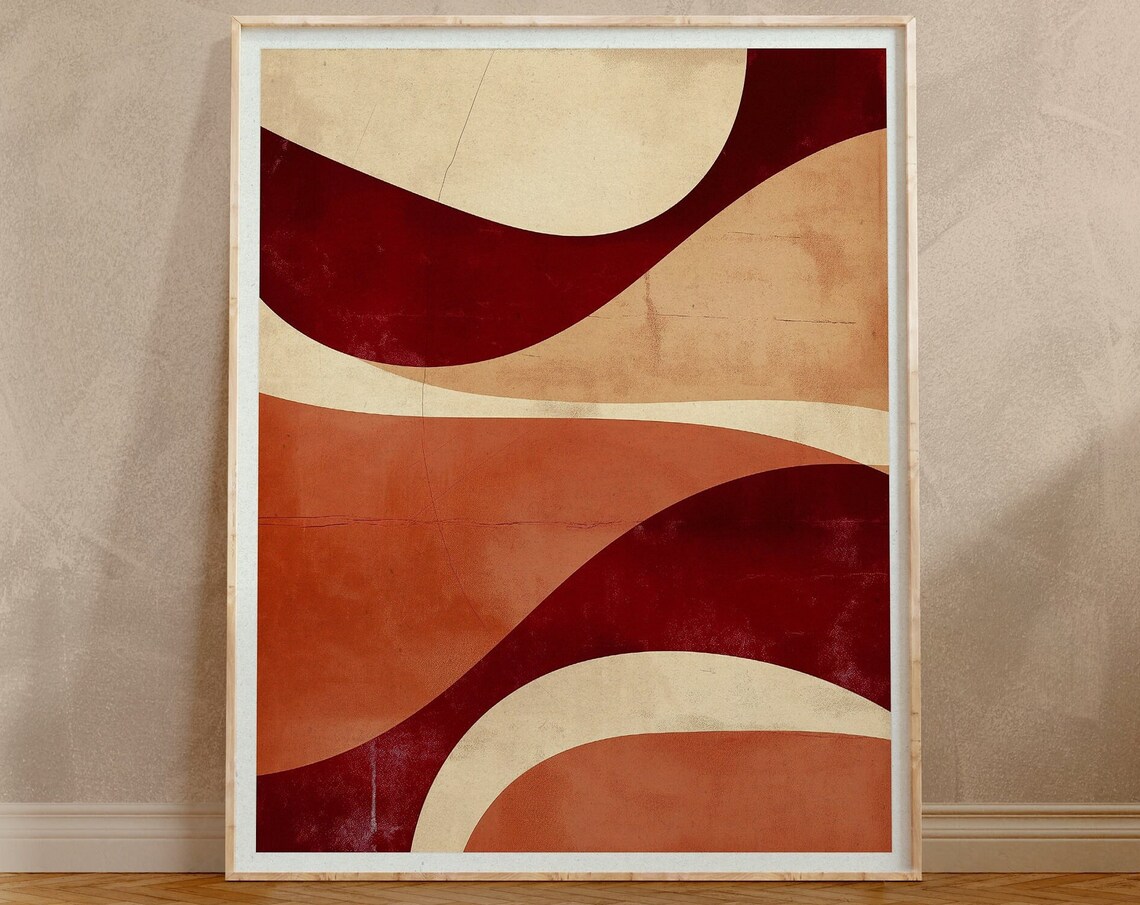 Burgundy Terracotta Cream Wavy Lines Mid Century Abstract Poster - Image 4