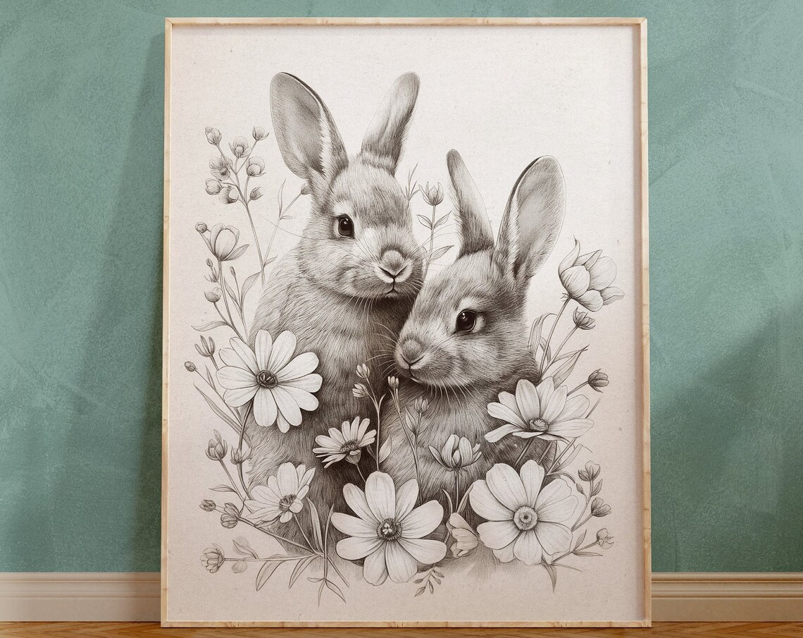 Two Rabbits Among Flowers Graphite Pencil Sketch Animal Poster