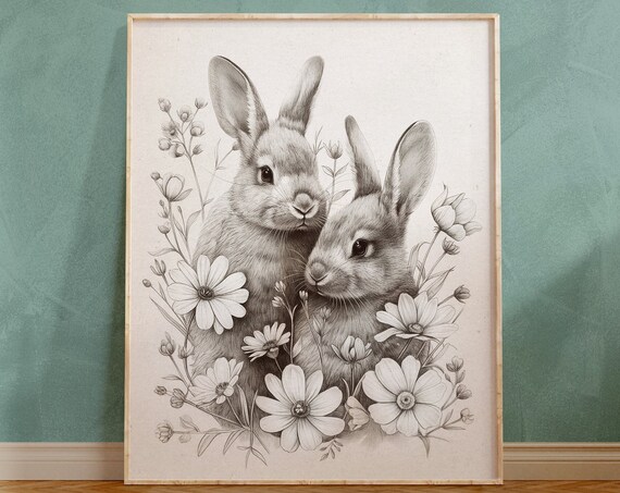 Two Rabbits Among Flowers Graphite Pencil Sketch Animal Poster