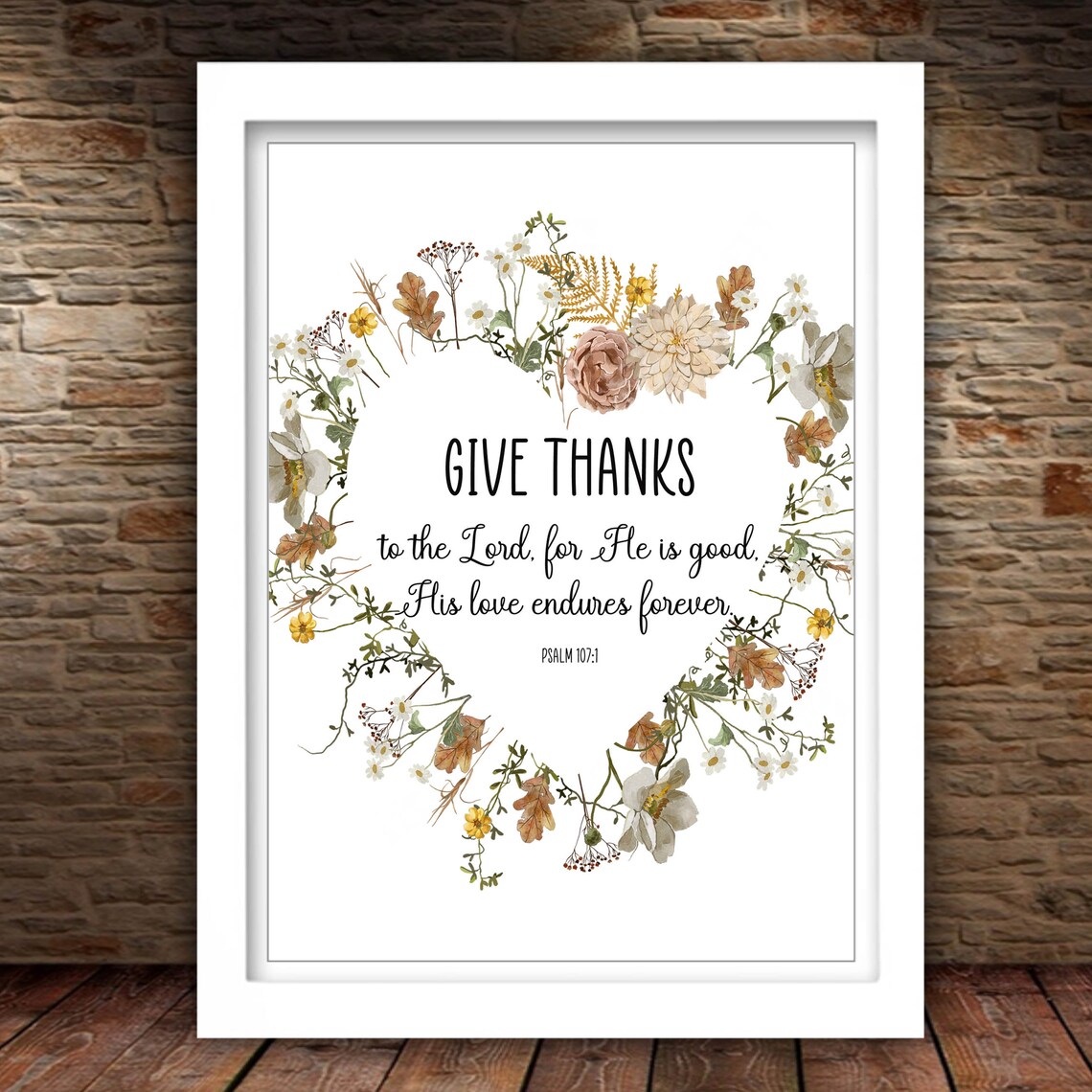 Give Thanks To The Lord Psalm 107:1 Wildflower Wreath Bible Verse Poster - Image 2