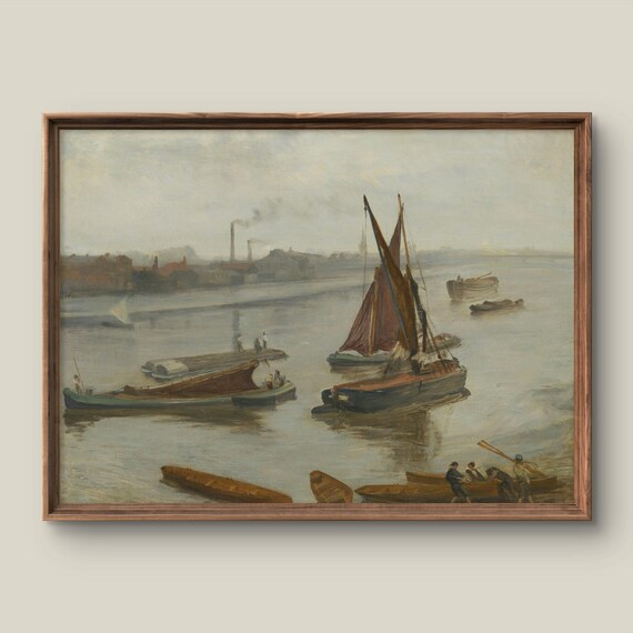 Sailing Barges Calm Misty River Antique Oil Painting Maritime Poster