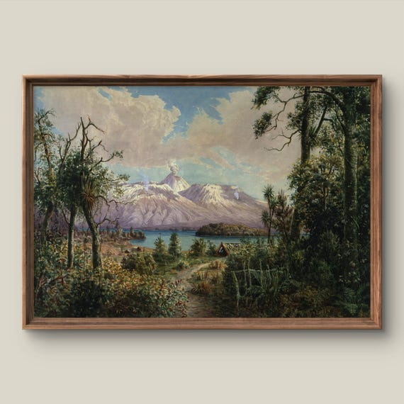 Vintage Watercolor Landscape Art Print Rustic Wall Decor Antique Volcano Painting Summer Instant