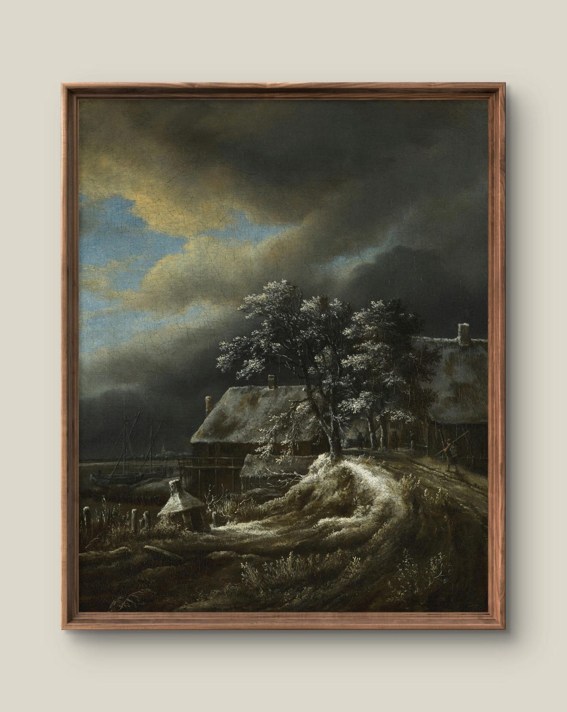Moonlit Snowy Cottage Winter Night Vintage Dutch Painting Poster