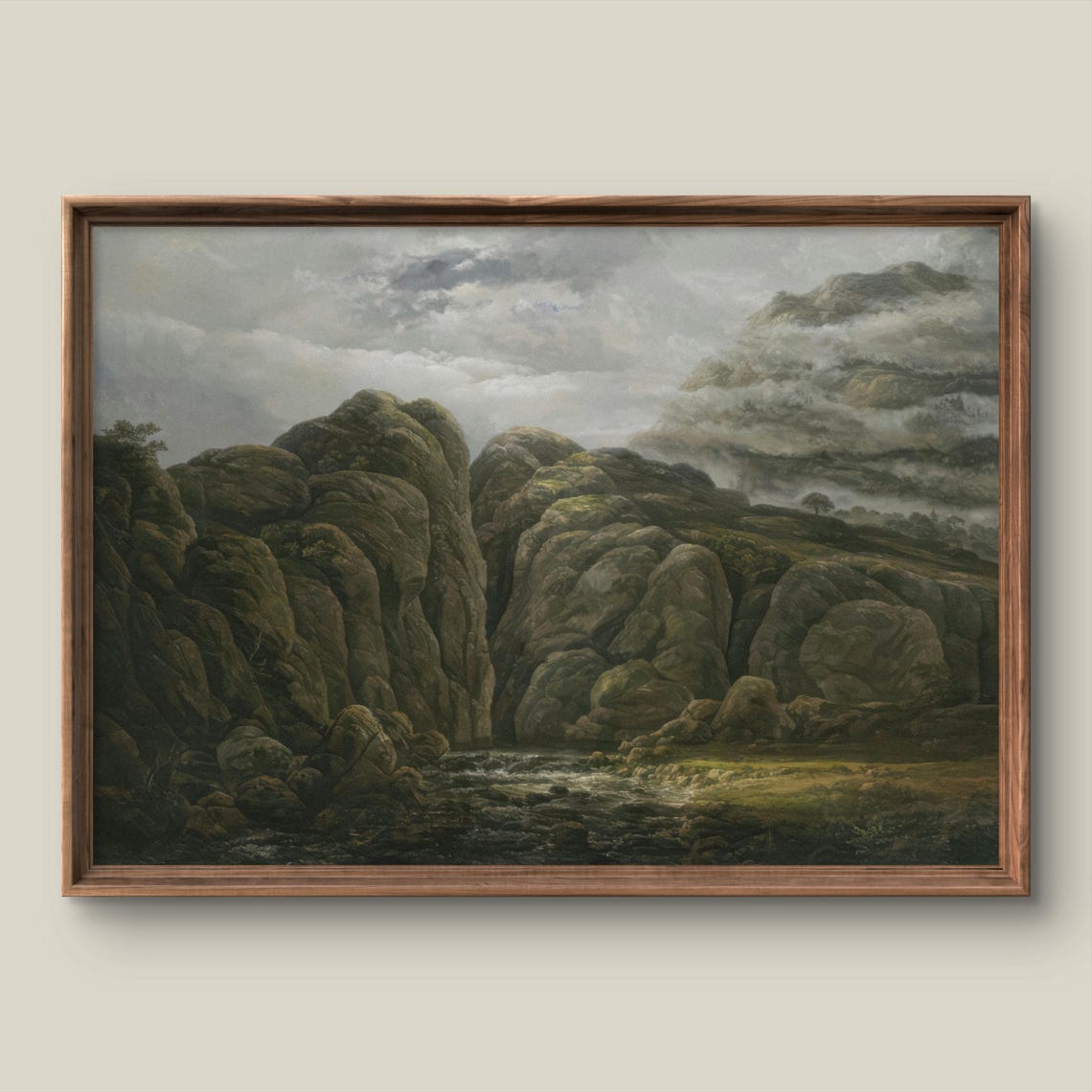 Moody Antique Mountain Gorge Poster Rocky Stream Oil Painting Art
