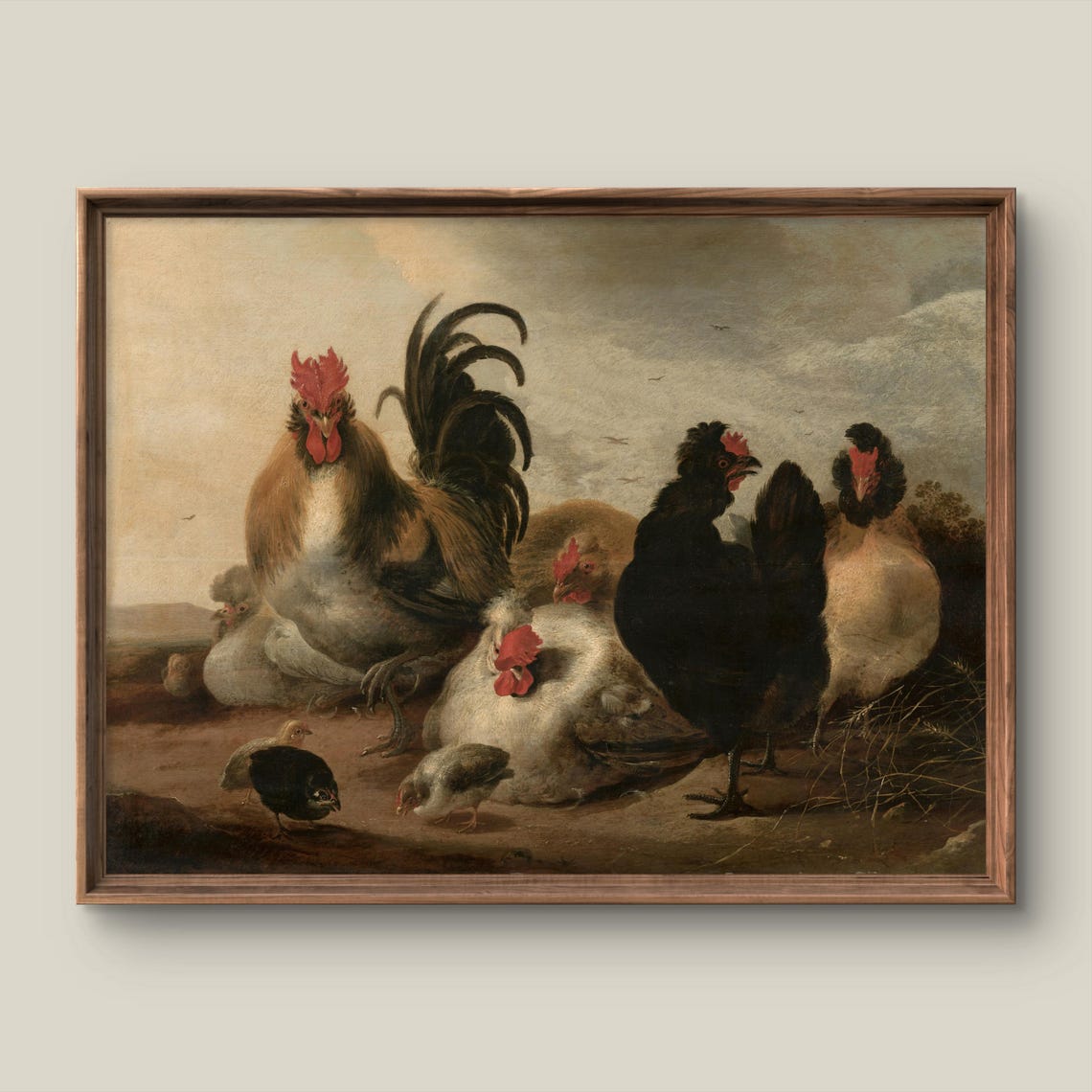 Vintage Rooster Hens Chicks Rustic Farmyard Oil Painting Poster