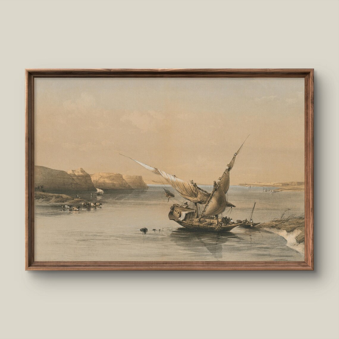 Vintage Nile River Felucca Sailboat at Anchor Antique Poster