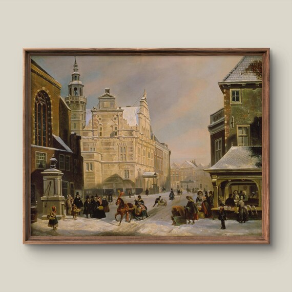 Snow Covered Old Town Street at Dusk Vintage Winter Painting Poster