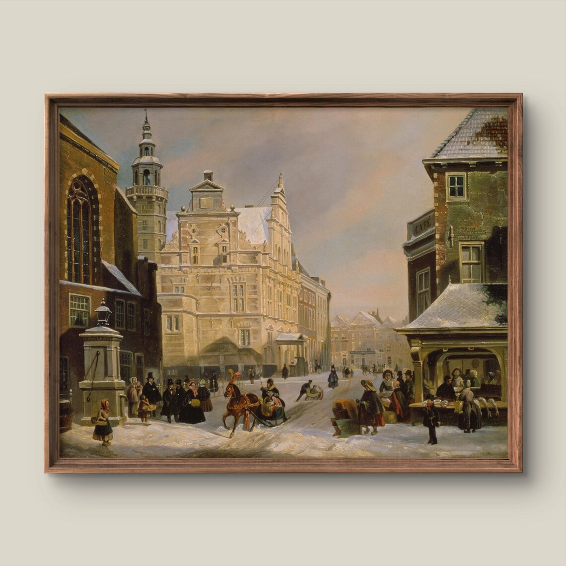 Snow Covered Old Town Street at Dusk Vintage Winter Painting Poster
