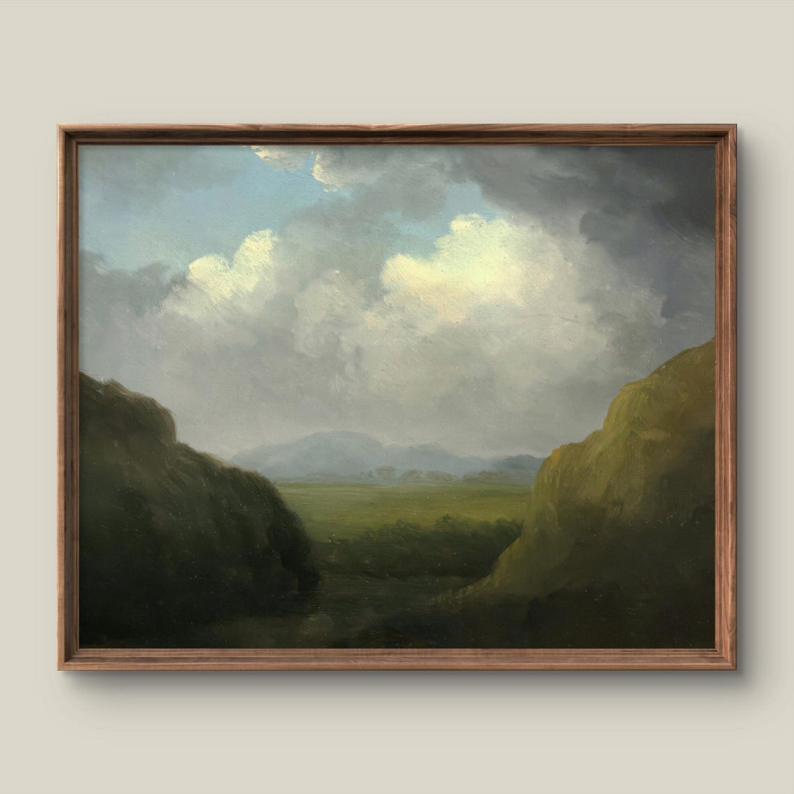 Billowing Clouds over a Green Valley Vintage Landscape Painting Print