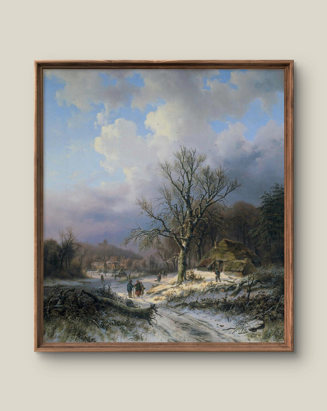 Vintage Winter Village Frozen River Walkers Oil Painting Poster