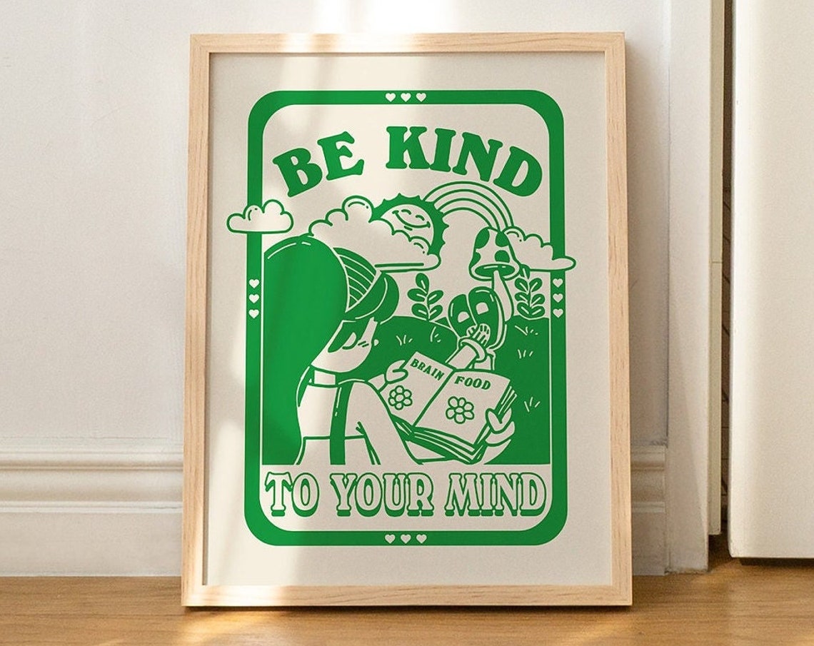 Be Kind to Your Mind Retro Reading Girl Mental Health Quote Poster