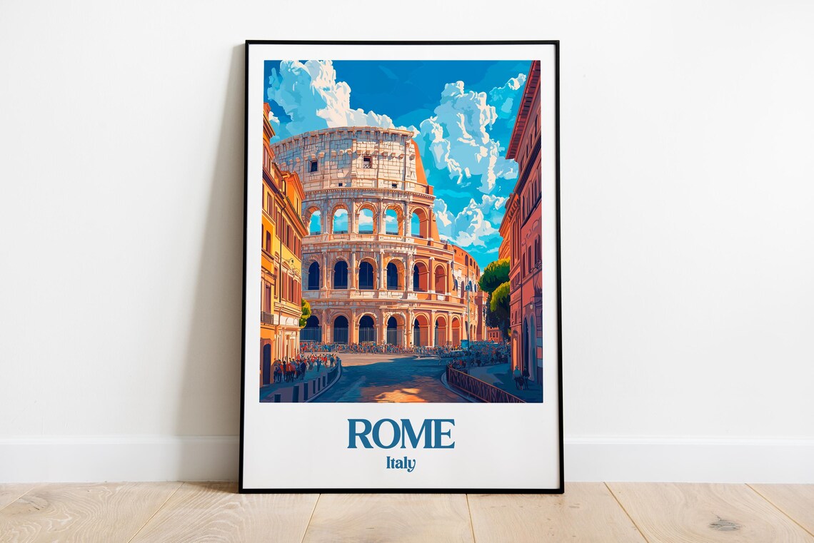 Rome Italy Colosseum Street Scene Blue Sky Vintage Travel Poster