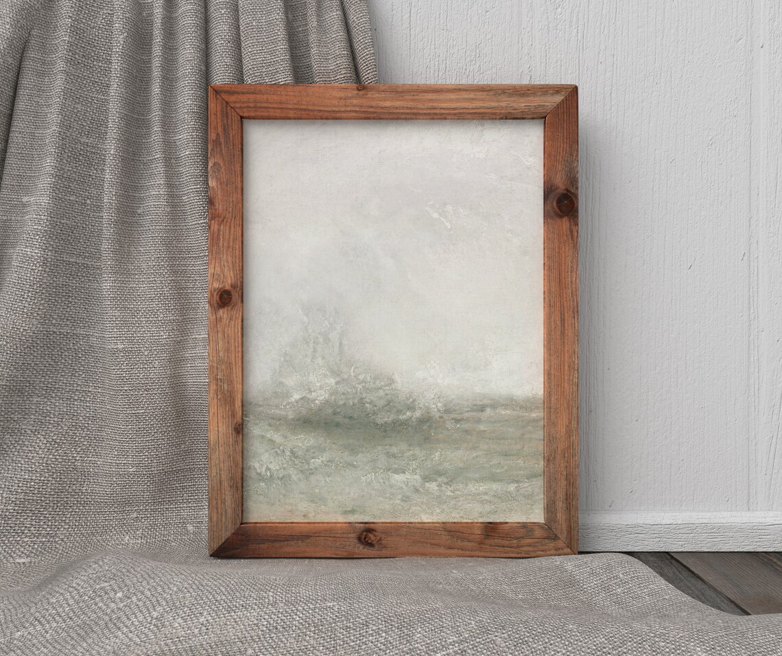 Crashing Waves Vintage Abstract Painting, Neutral Green Art - Image 4