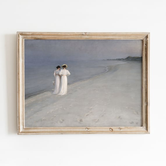 Two Victorian Ladies Evening Walk On Pale Shore At Dusk Beach Poster