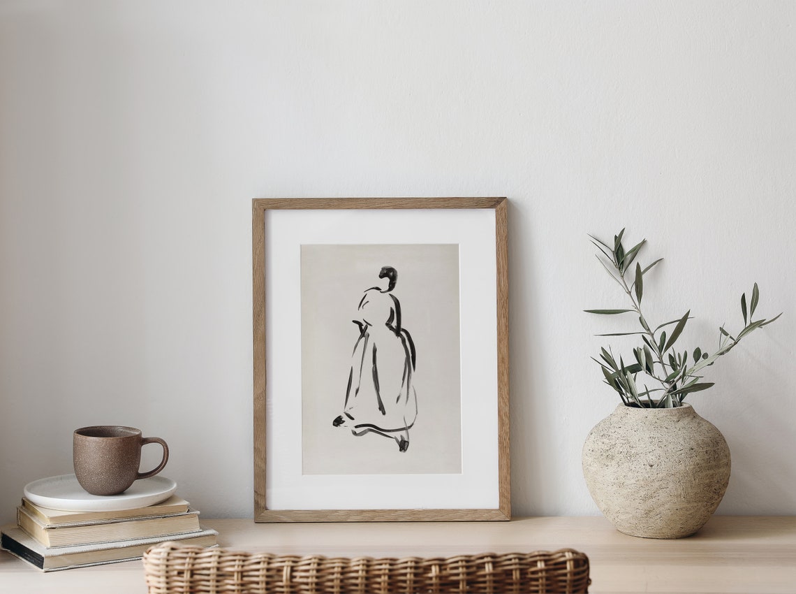Minimal Black Ink Sketch Elegant Woman Silhouette Long Dress Art Print - Image 2