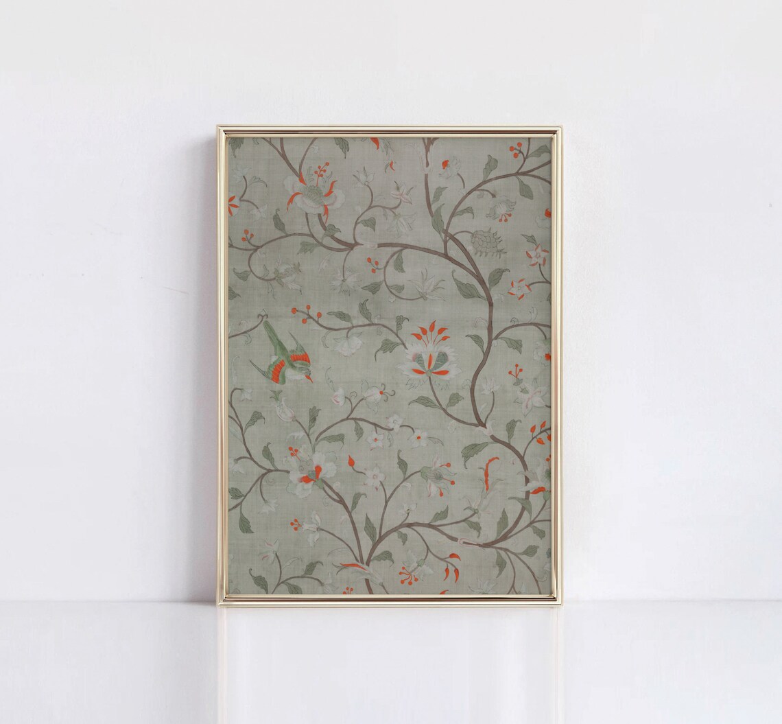 Botanical Bird Vintage Silk Textile Art Print - Image 2