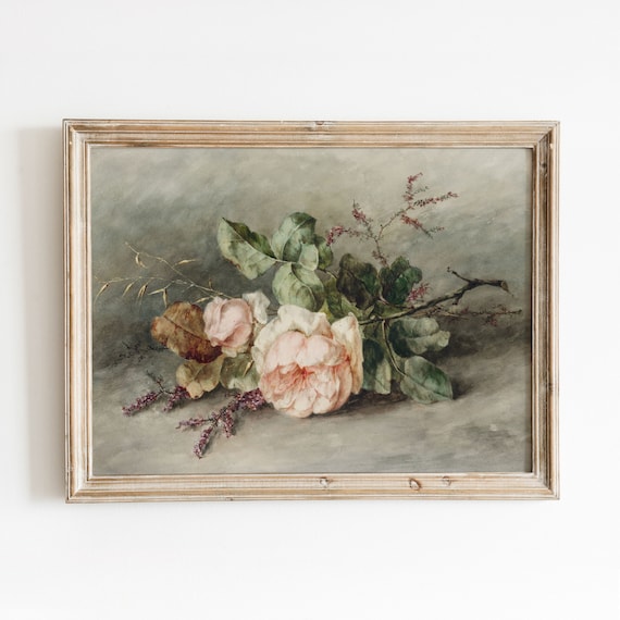 Pale Pink Roses Still Life, Vintage Watercolor Print