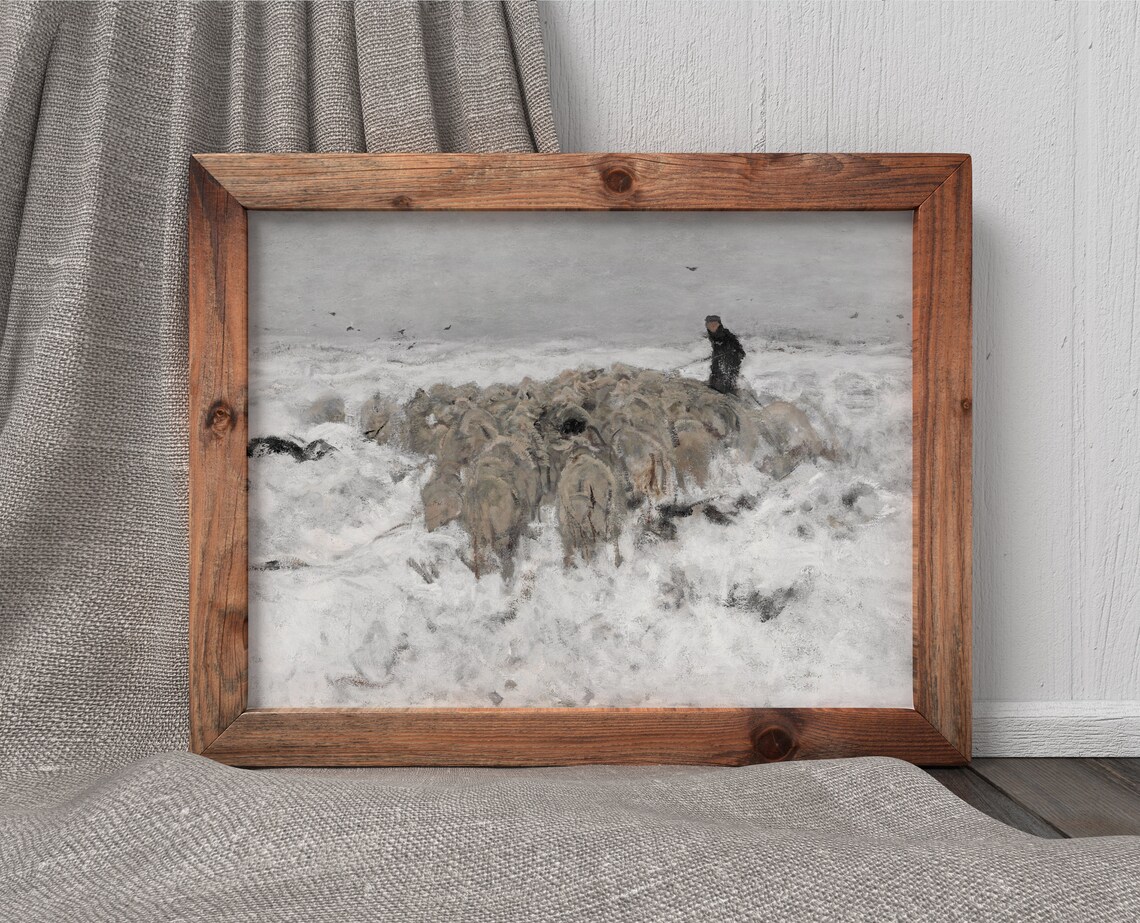 Sheep In Winter Vintage Shepherd Snow Art Print - Image 2