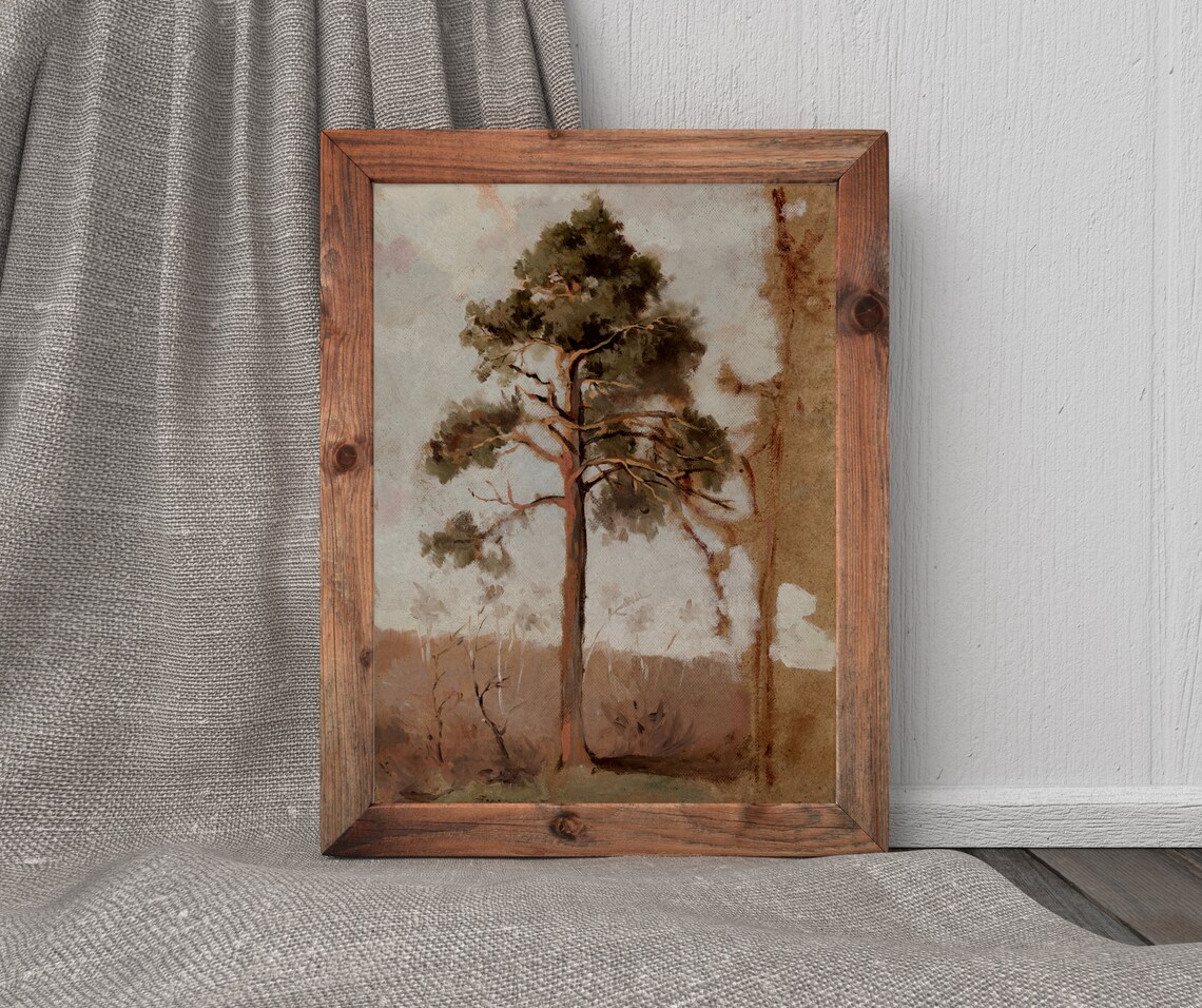 Lone Tree Vintage Pine Tree Painting, Autumn Landscape - Image 3