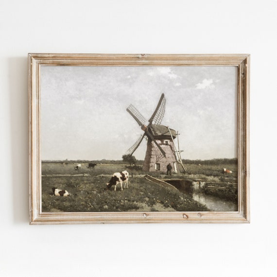 Windmill Cows Vintage Dutch Landscape Art Print
