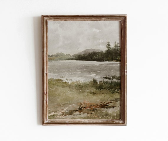 Lakeside Vintage Watercolor Nature Painting Neutral Green Wall Art 732