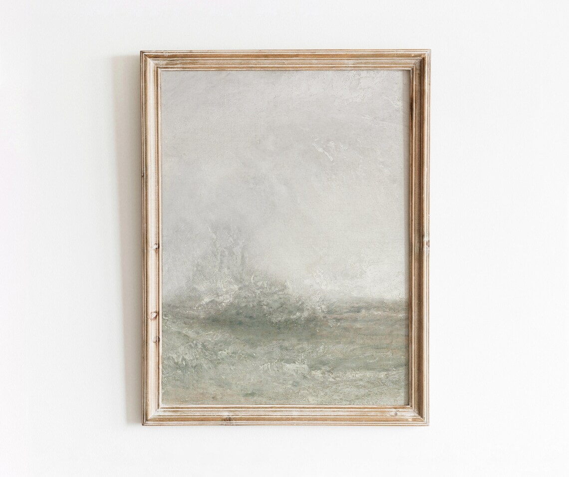 Crashing Waves Vintage Abstract Painting, Neutral Green Art