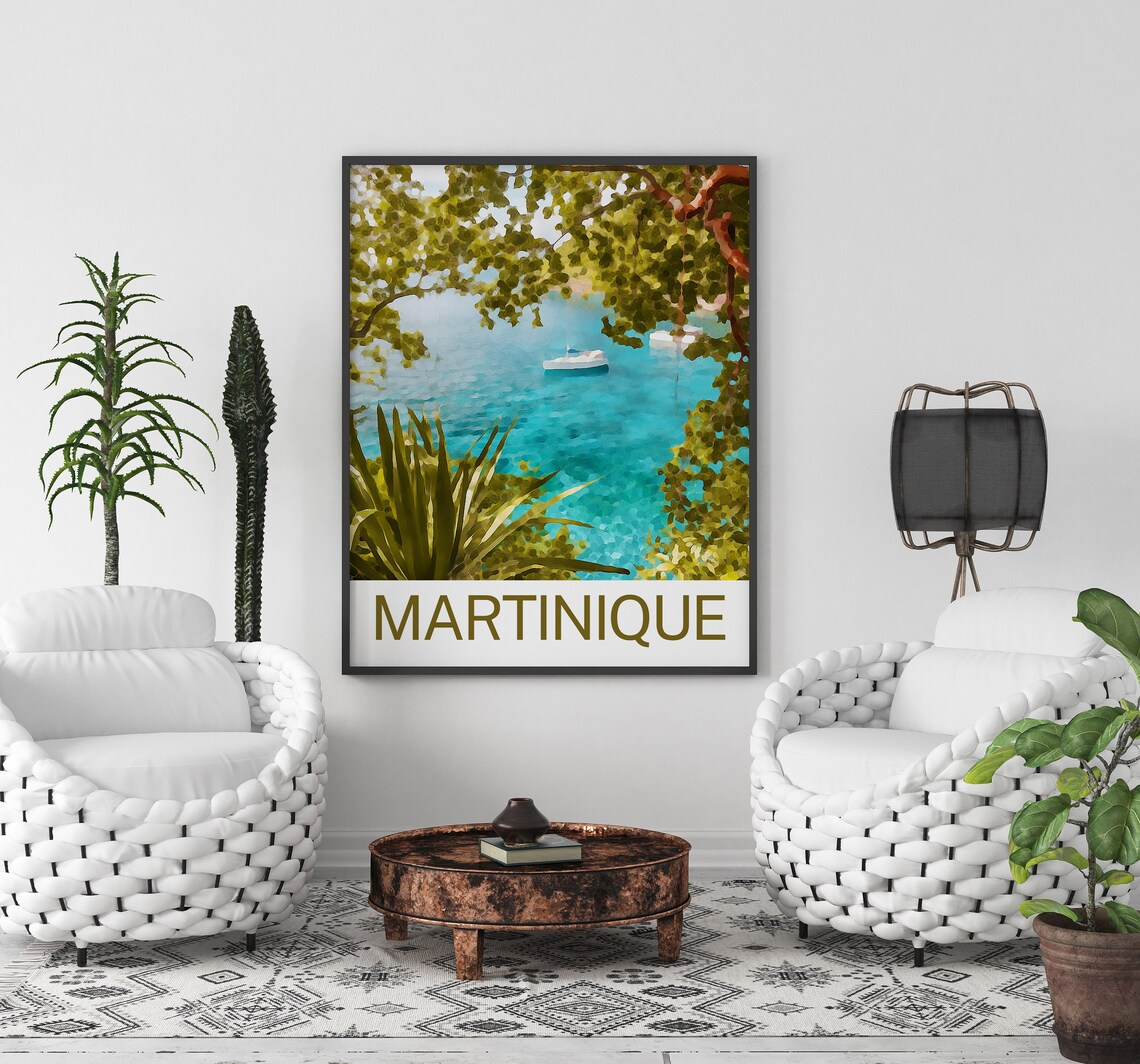 Martinique Caribbean Turquoise Cove with Sailboats Travel Poster - Image 3