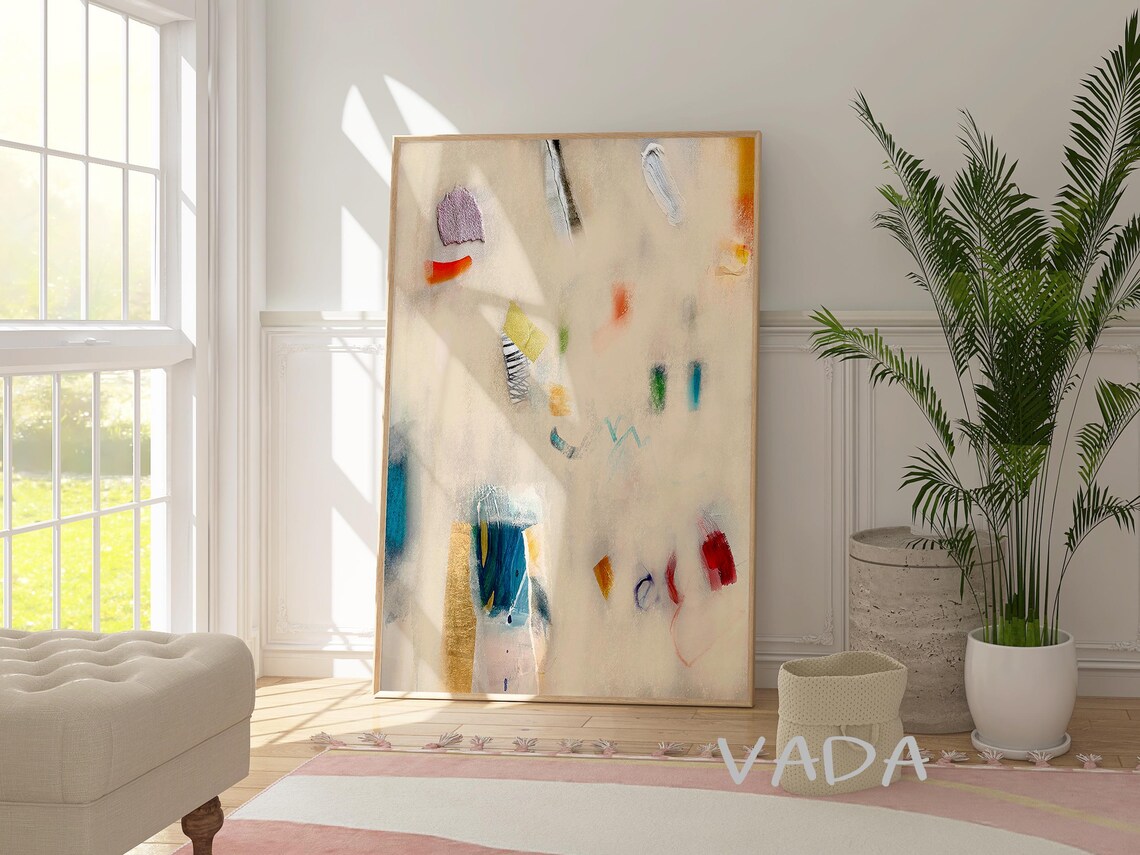Abstract Art Print, Beige Cream and Multicolor