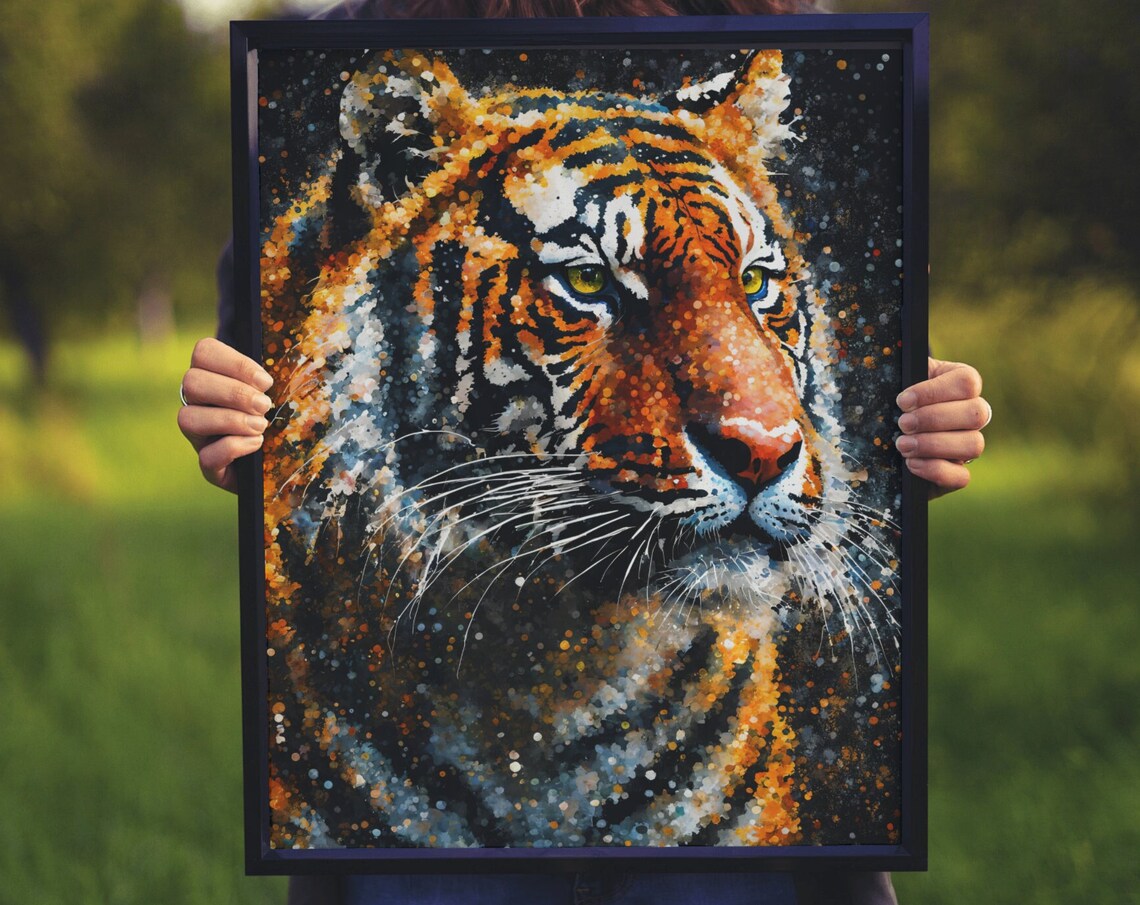Tiger Portrait Bengal Tiger Speckled Dot Art Black Background Wall Print