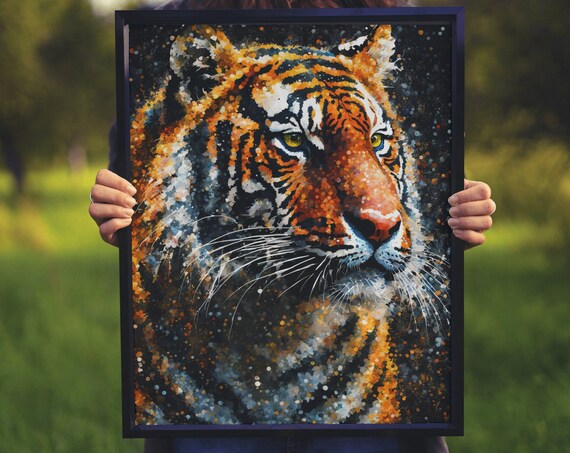 Tiger Portrait Bengal Tiger Speckled Dot Art Black Background Wall Print