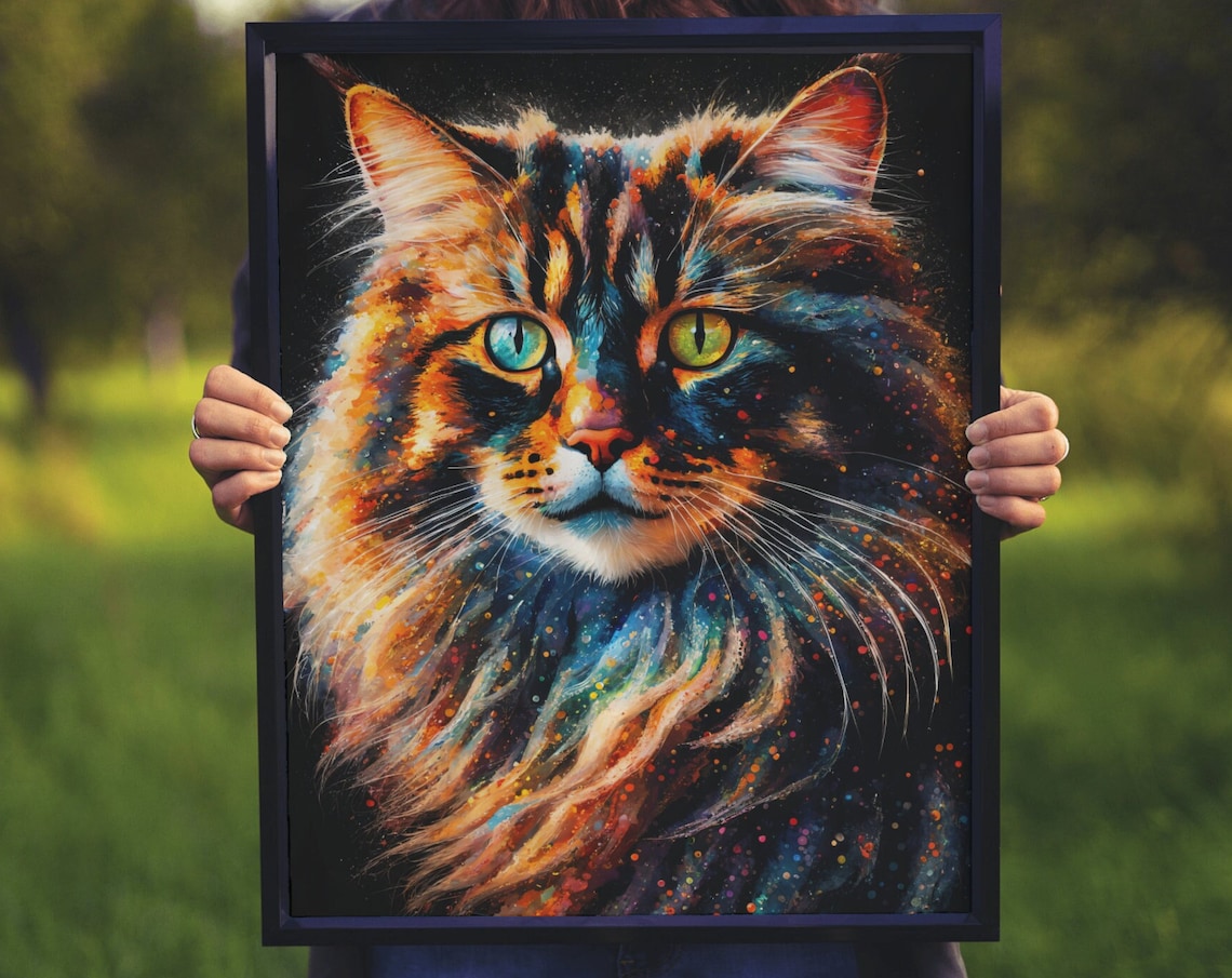 Fluffy Long Hair Cat Glowing Green Eyes Watercolor Rainbow Art Poster