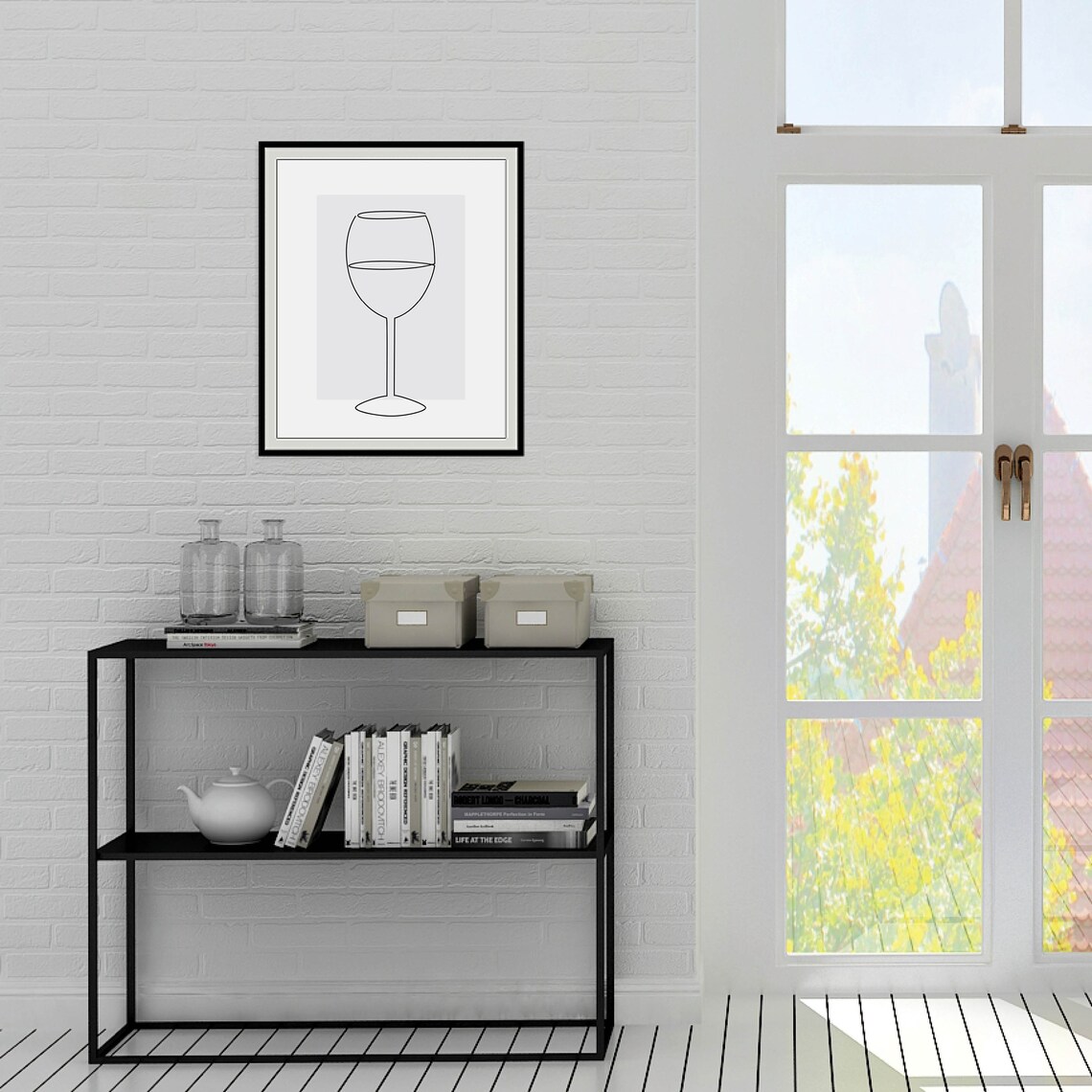 Wine Glass Minimalist Line Drawing Black and White Kitchen Poster - Image 2