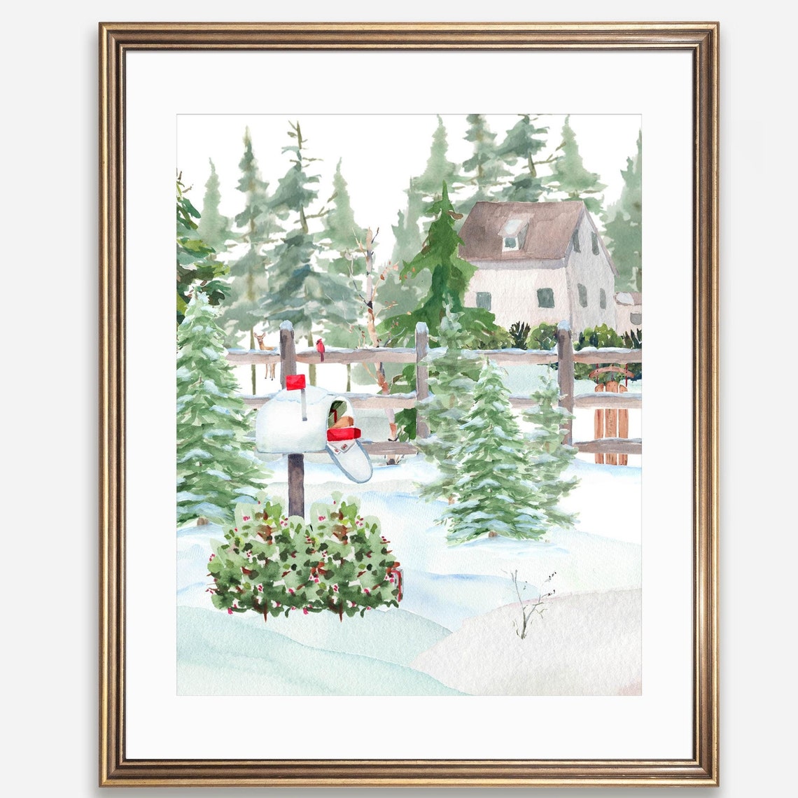 Snowy Winter Mailbox Watercolor Woodland Farmhouse Landscape Poster
