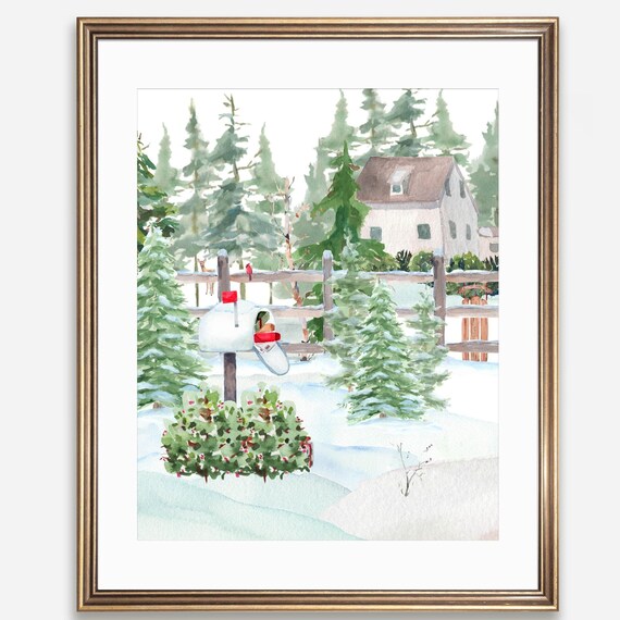 Snowy Winter Mailbox Watercolor Woodland Farmhouse Landscape Poster