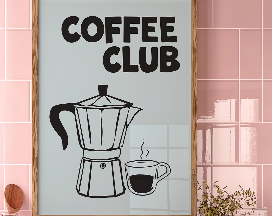 Light Blue Coffee Club Retro Moka Pot Espresso Kitchen Decor Poster - Image 3