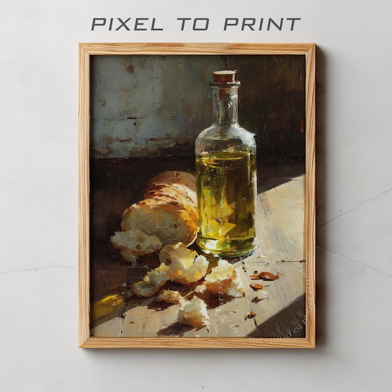 Crusty Bread Loaf And Olive Oil Bottle Rustic Still Life Kitchen Print