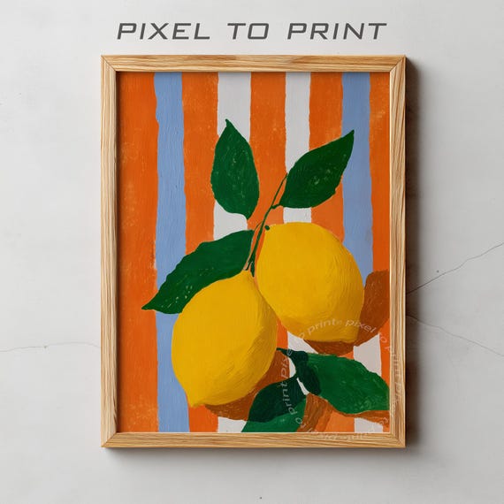 Lemon Art Print Modern Kitchen Wall Decor Lemons And Stripes Illustration