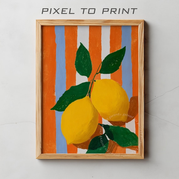 Zesty Juicy Lemons Orange Blue Striped Modern Kitchen Art Poster