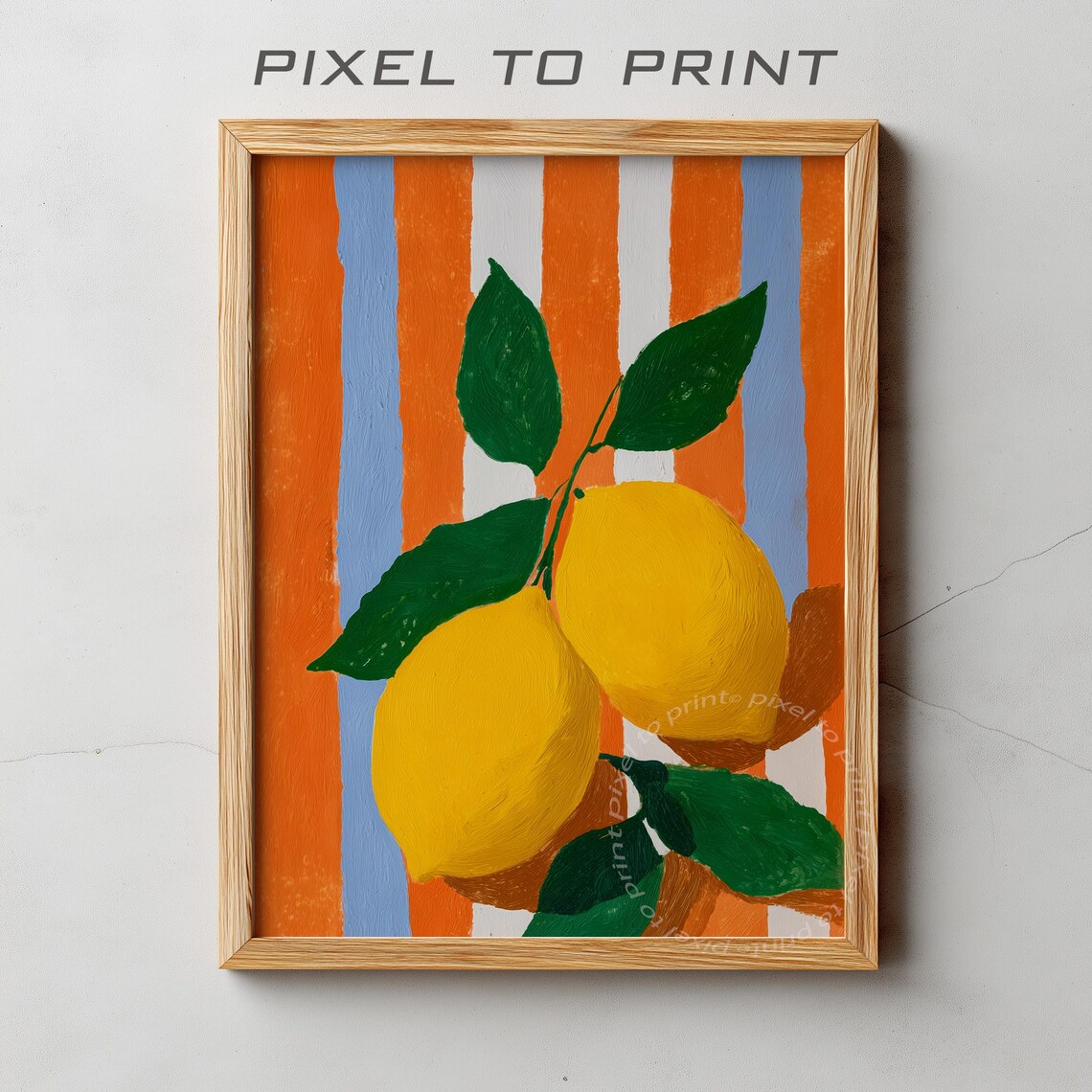 Zesty Juicy Lemons Orange Blue Striped Modern Kitchen Art Poster