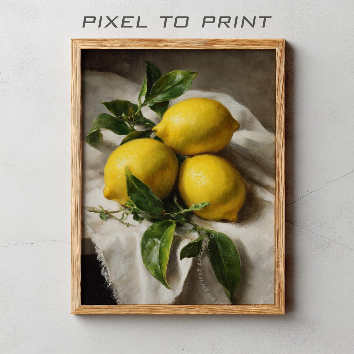 Three Lemons on White Linen Oil Painting Citrus Kitchen Poster