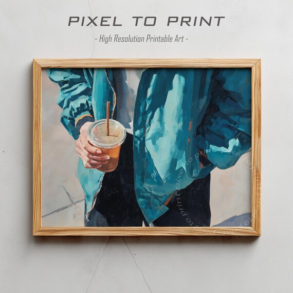Iced Coffee in Hand Blue Jacket Street Style Oil Painting Poster