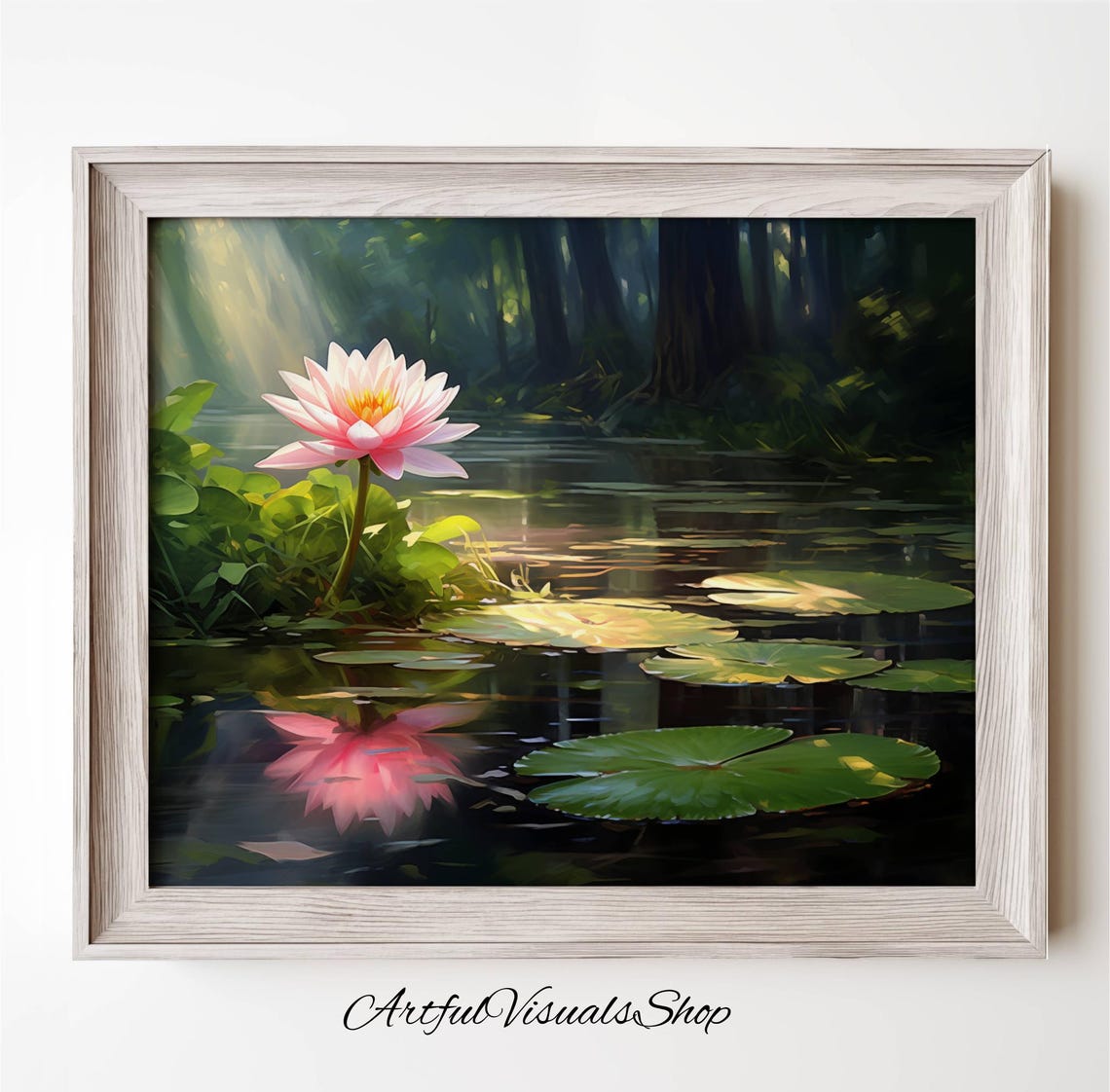 Sunlit Pink Lotus Pond Forest Light Reflection Serene Floral Poster