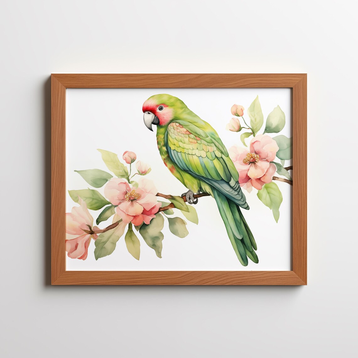Green Parrot Pink Blossom Branch Watercolor Tropical Bird Poster