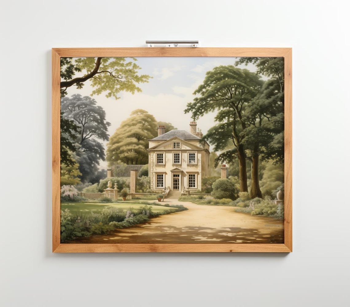 Vintage Manor House Elegant Garden Landscape Painting Art Poster