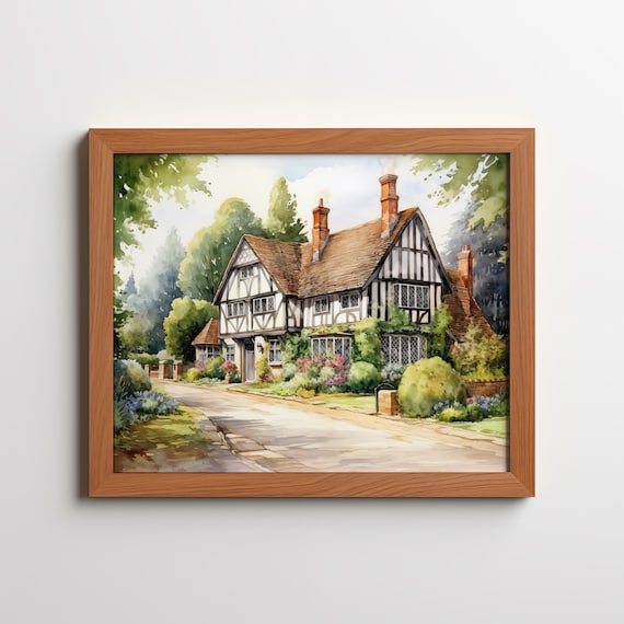 Tudor Cottage Watercolor Half Timbered House English Garden Poster