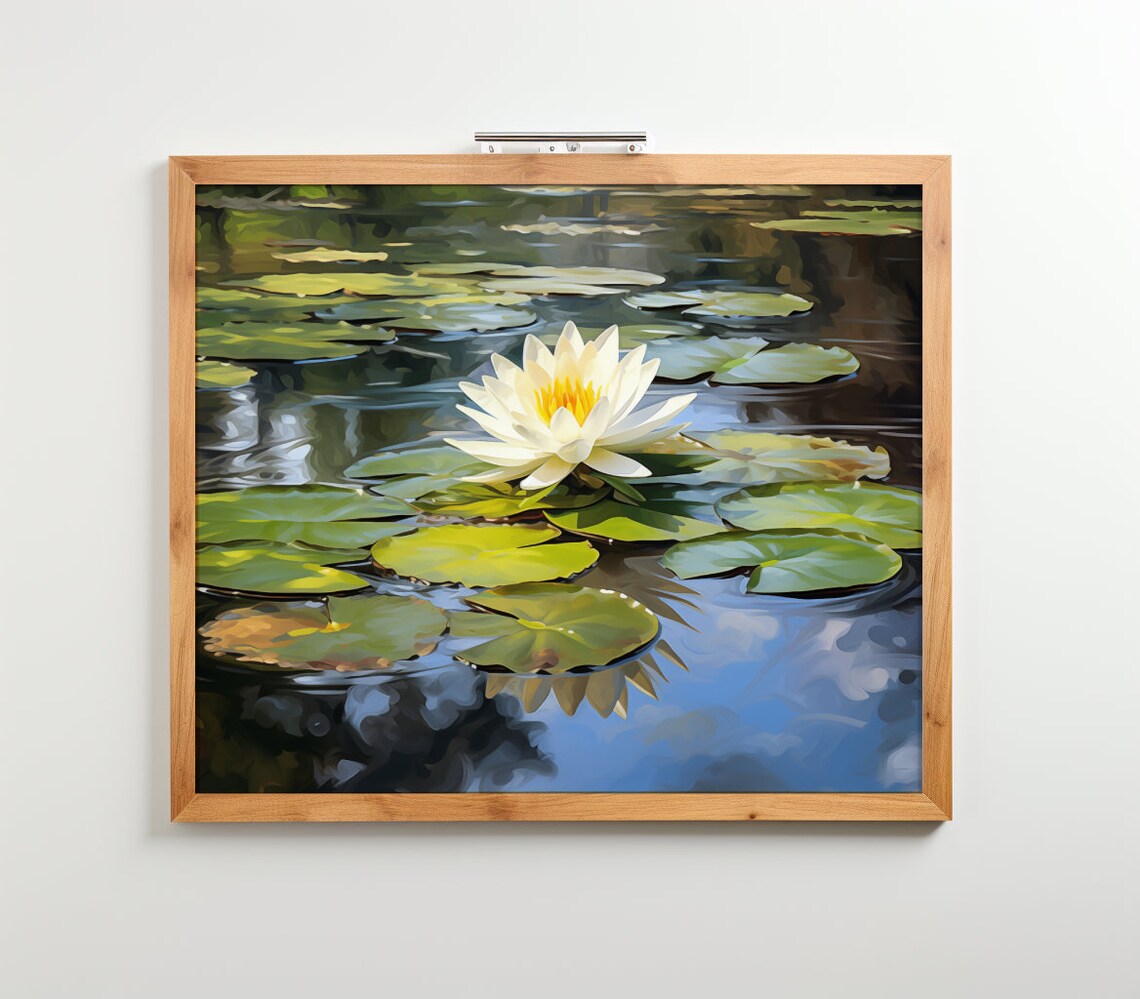 White Water Lily Pond Oil Painting Poster Serene Flower Lake Art