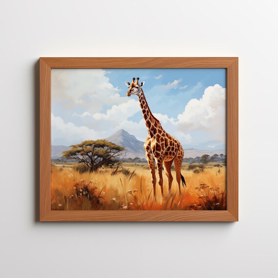 Giraffe In Savannah Wall Art Wildlife Oil Painting Style Safari Decor